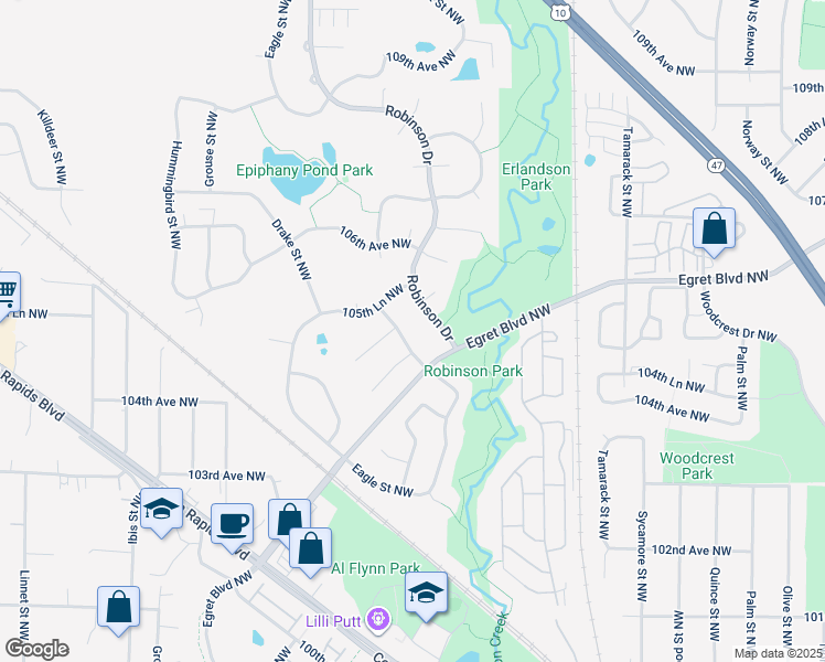 map of restaurants, bars, coffee shops, grocery stores, and more near 10441 Avocet Street Northwest in Coon Rapids