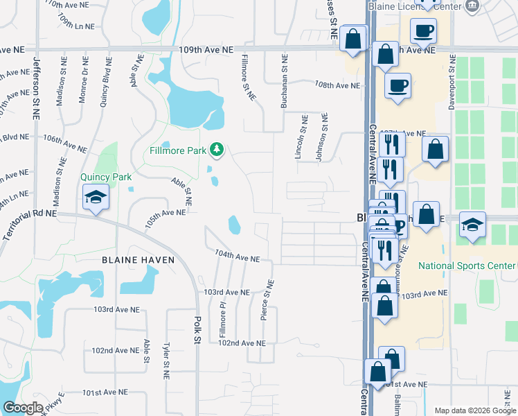 map of restaurants, bars, coffee shops, grocery stores, and more near 10494 Pierce Street Northeast in Blaine