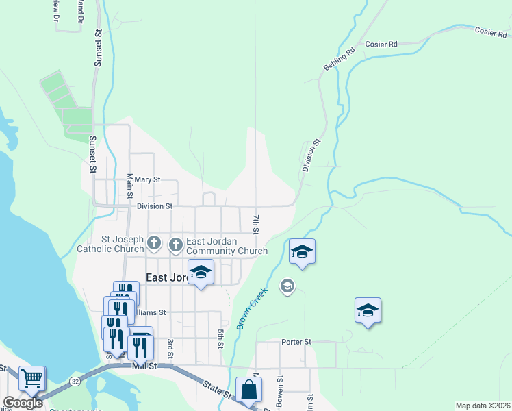 map of restaurants, bars, coffee shops, grocery stores, and more near 754 7th Street in East Jordan