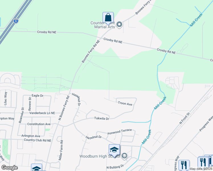 map of restaurants, bars, coffee shops, grocery stores, and more near 3075 Olympic Street in Woodburn