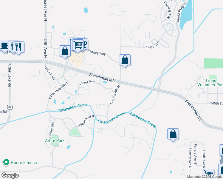 map of restaurants, bars, coffee shops, grocery stores, and more near 14602 Everton Avenue North in Hugo