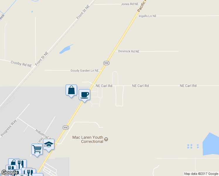 map of restaurants, bars, coffee shops, grocery stores, and more near 11792 Northeast Carl Road in Woodburn