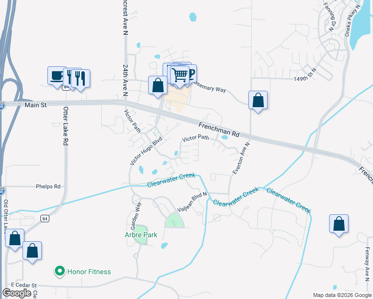 map of restaurants, bars, coffee shops, grocery stores, and more near 4589 Victor Path in Hugo