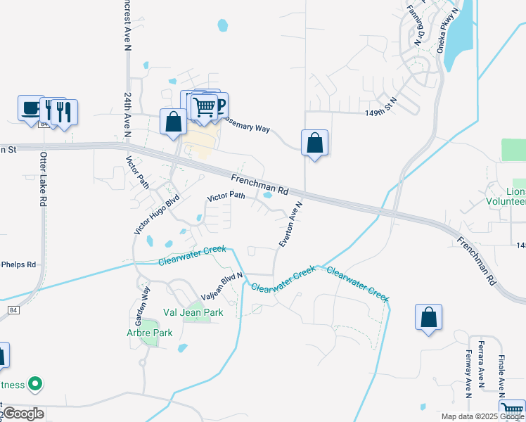 map of restaurants, bars, coffee shops, grocery stores, and more near 4675 Victor Path in Hugo