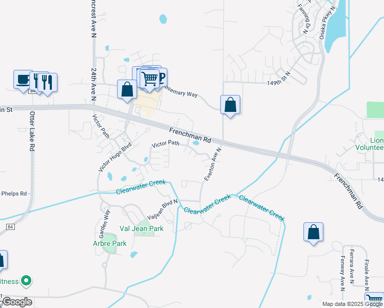 map of restaurants, bars, coffee shops, grocery stores, and more near 4665 Victor Path in Hugo