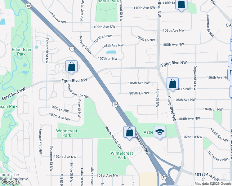 map of restaurants, bars, coffee shops, grocery stores, and more near 10590 Kumquat Street Northwest in Minneapolis
