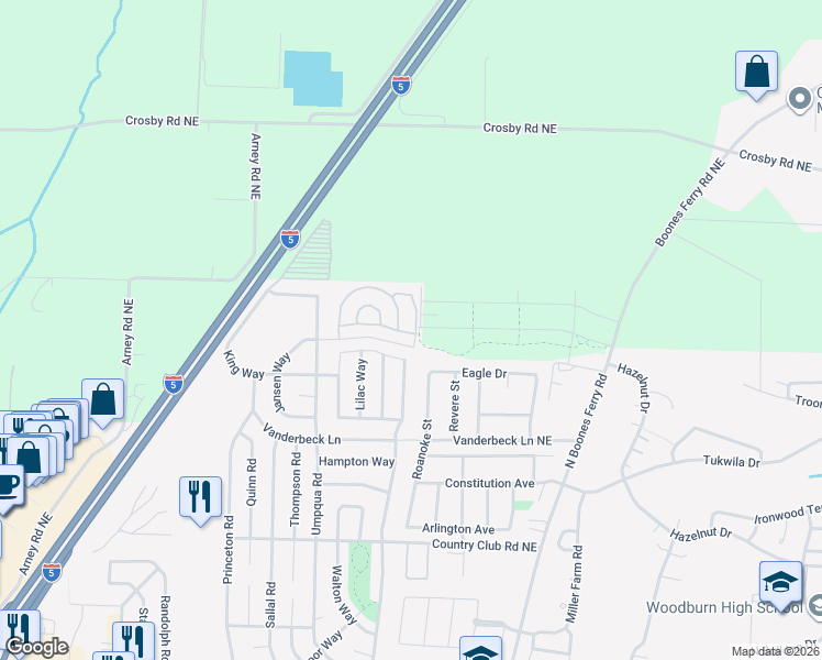 map of restaurants, bars, coffee shops, grocery stores, and more near 26 Bly Loop in Woodburn