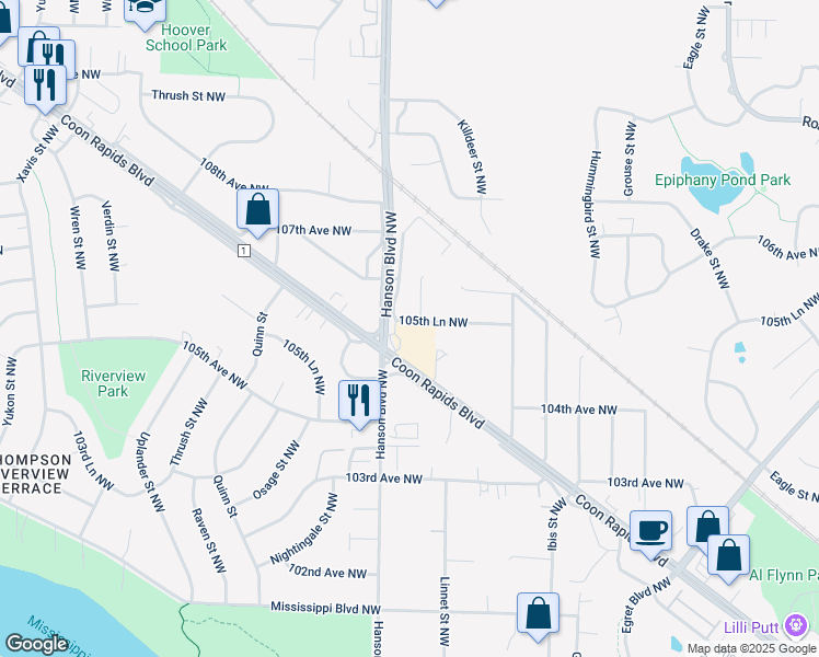map of restaurants, bars, coffee shops, grocery stores, and more near 1941 105th Lane Northwest in Coon Rapids