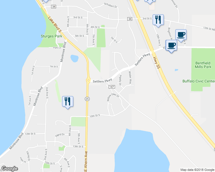 map of restaurants, bars, coffee shops, grocery stores, and more near 817 Willow Glen Court in Buffalo