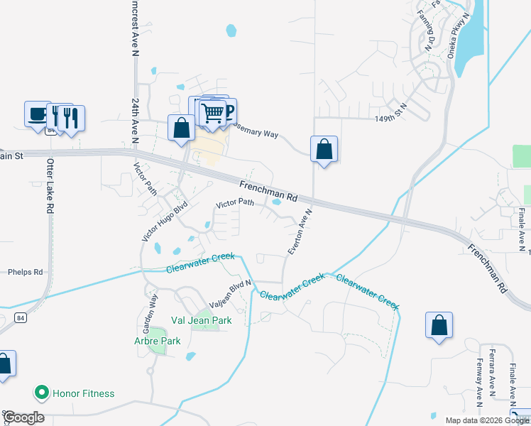 map of restaurants, bars, coffee shops, grocery stores, and more near 4665 Victor Path in Hugo