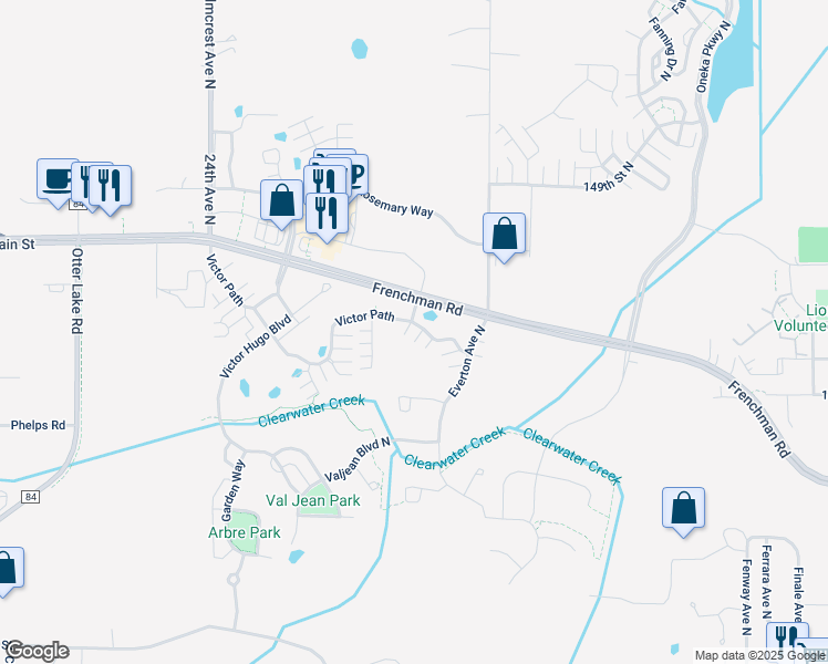 map of restaurants, bars, coffee shops, grocery stores, and more near 4665 Victor Path in Hugo