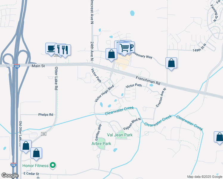 map of restaurants, bars, coffee shops, grocery stores, and more near 14650 Victor Hugo Boulevard in Hugo