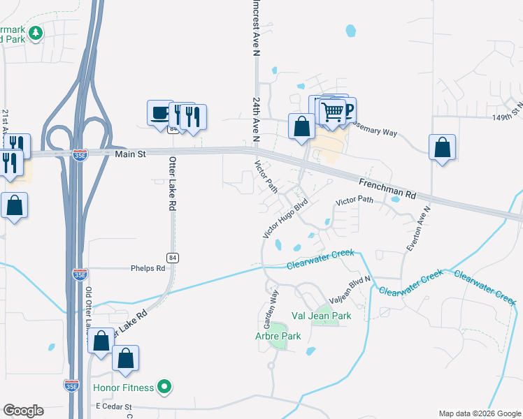 map of restaurants, bars, coffee shops, grocery stores, and more near 4353 Victor Path in Hugo