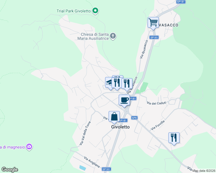 map of restaurants, bars, coffee shops, grocery stores, and more near 12 Via Santa Maria in Givoletto
