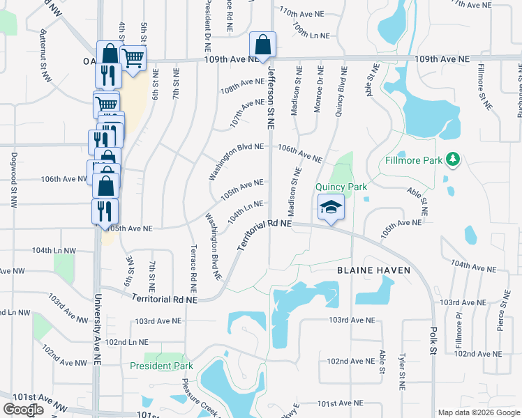 map of restaurants, bars, coffee shops, grocery stores, and more near 367 104th Lane Northeast in Blaine