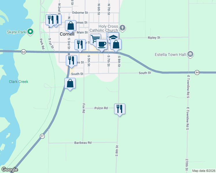 map of restaurants, bars, coffee shops, grocery stores, and more near 622 Hall Road in Cornell