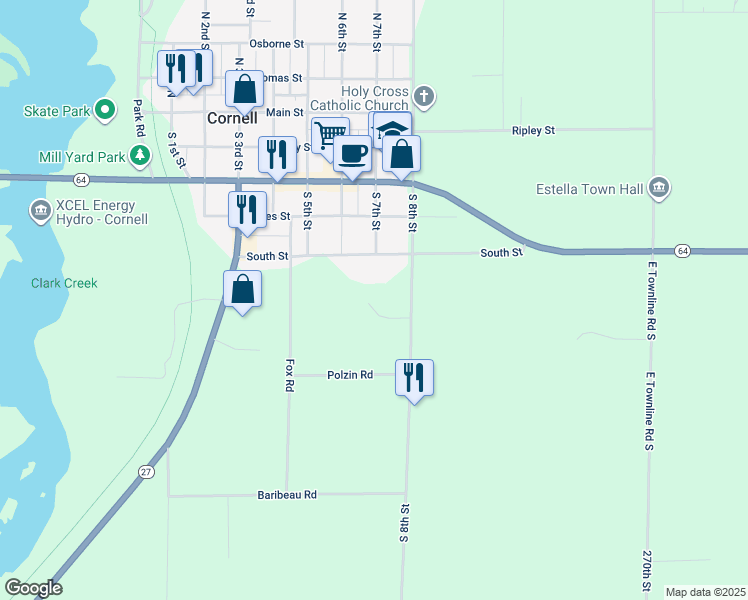 map of restaurants, bars, coffee shops, grocery stores, and more near 622 Hall Road in Cornell