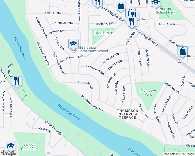 map of restaurants, bars, coffee shops, grocery stores, and more near 10389 Hollywood Boulevard Northwest in Coon Rapids
