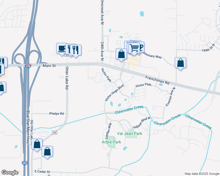 map of restaurants, bars, coffee shops, grocery stores, and more near 4353 Victor Path in Hugo
