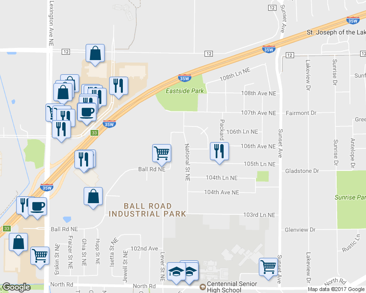 map of restaurants, bars, coffee shops, grocery stores, and more near 10600 National Street Northeast in Circle Pines