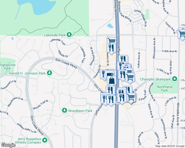 map of restaurants, bars, coffee shops, grocery stores, and more near 11409 Elmwood Avenue North in Champlin
