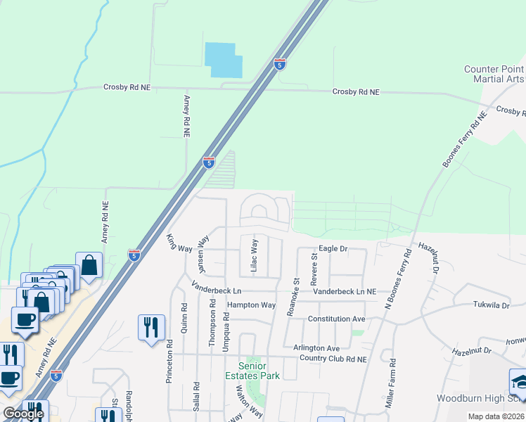 map of restaurants, bars, coffee shops, grocery stores, and more near 1999 Jansen Way in Woodburn