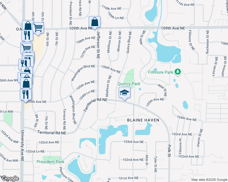map of restaurants, bars, coffee shops, grocery stores, and more near 10556 Quincy Boulevard Northeast in Blaine