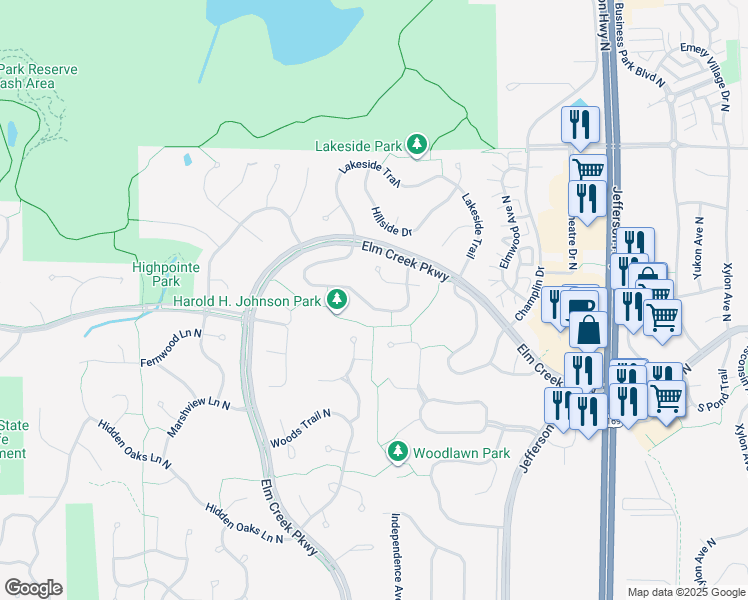map of restaurants, bars, coffee shops, grocery stores, and more near 9522 Parkside Trail in Champlin