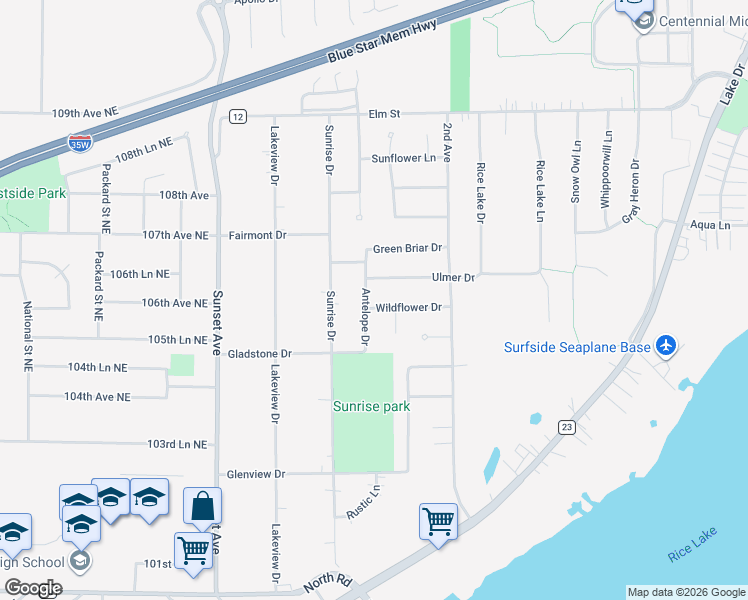 map of restaurants, bars, coffee shops, grocery stores, and more near 133 Wildflower Drive in Lino Lakes