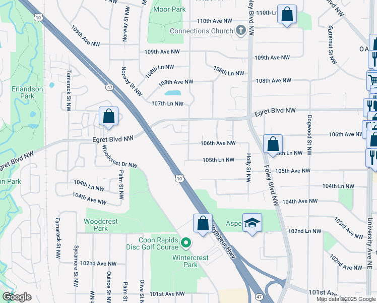 map of restaurants, bars, coffee shops, grocery stores, and more near 10570 Kumquat St NW in Coon Rapids