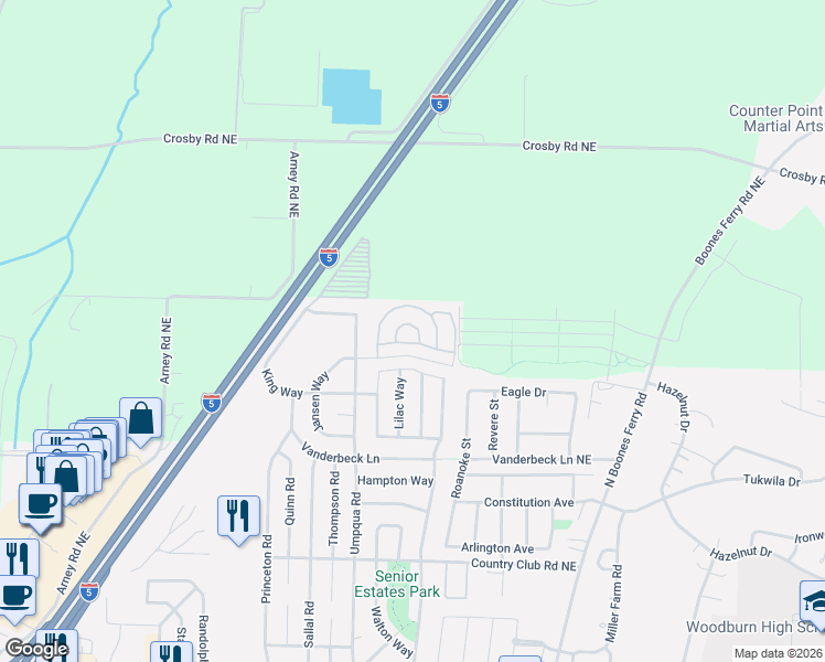 map of restaurants, bars, coffee shops, grocery stores, and more near 1999 Jansen Way in Woodburn