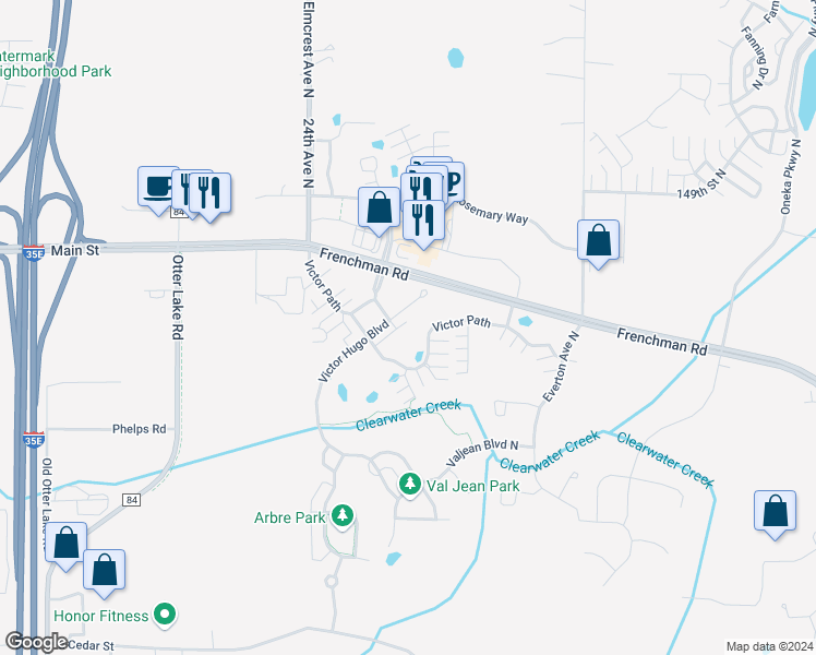 map of restaurants, bars, coffee shops, grocery stores, and more near 14623 Victor Hugo Boulevard in Hugo