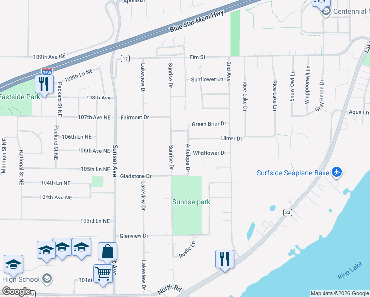 map of restaurants, bars, coffee shops, grocery stores, and more near 133 Wildflower Drive in Lino Lakes
