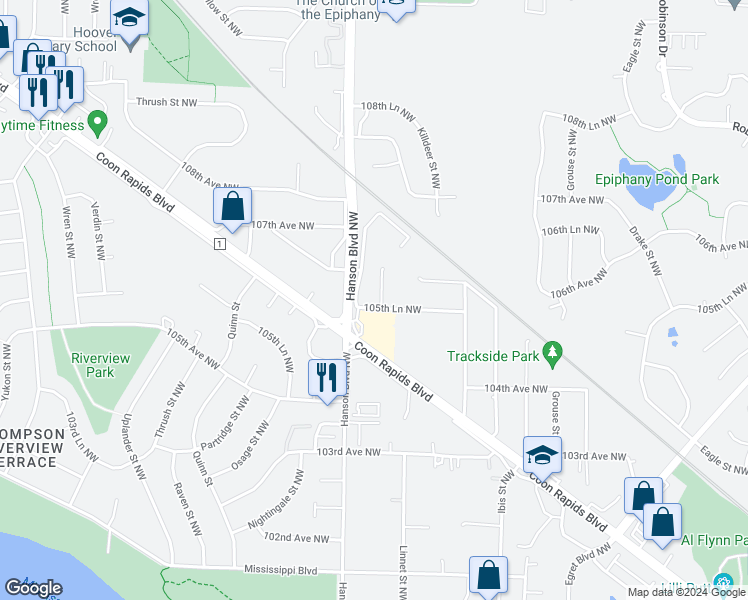 map of restaurants, bars, coffee shops, grocery stores, and more near 1941 105th Lane Northwest in Coon Rapids