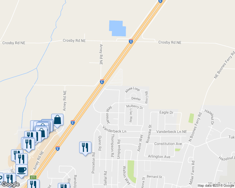 map of restaurants, bars, coffee shops, grocery stores, and more near 2425 Umpqua Road in Woodburn