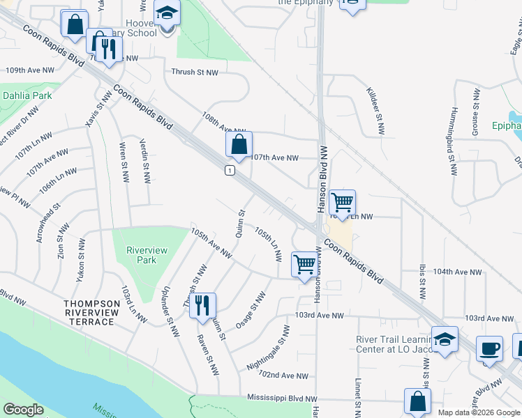map of restaurants, bars, coffee shops, grocery stores, and more near 2110 Coon Rapids Boulevard Northwest in Coon Rapids
