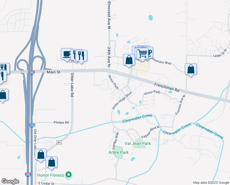 map of restaurants, bars, coffee shops, grocery stores, and more near 4353 Victor Path in Hugo