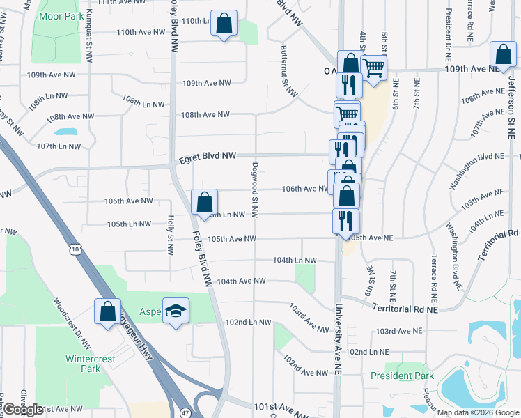 map of restaurants, bars, coffee shops, grocery stores, and more near 155 105th Lane Northwest in Minneapolis