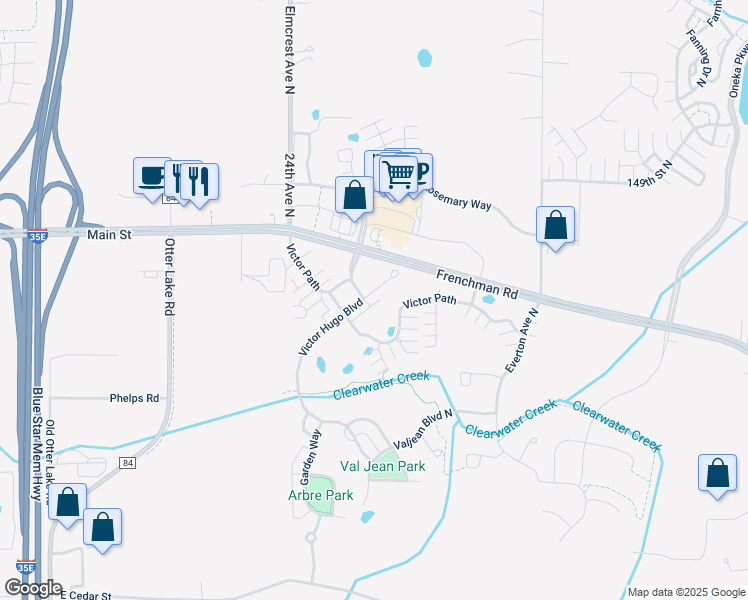 map of restaurants, bars, coffee shops, grocery stores, and more near 14623 Victor Hugo Boulevard in Hugo