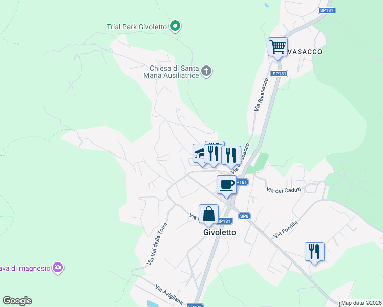 map of restaurants, bars, coffee shops, grocery stores, and more near 12 Via Santa Maria in Givoletto