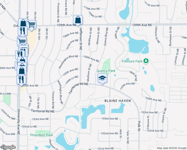 map of restaurants, bars, coffee shops, grocery stores, and more near 10556 Quincy Boulevard Northeast in Blaine