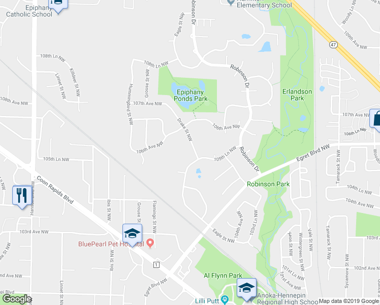 map of restaurants, bars, coffee shops, grocery stores, and more near 10542 Drake Street Northwest in Coon Rapids