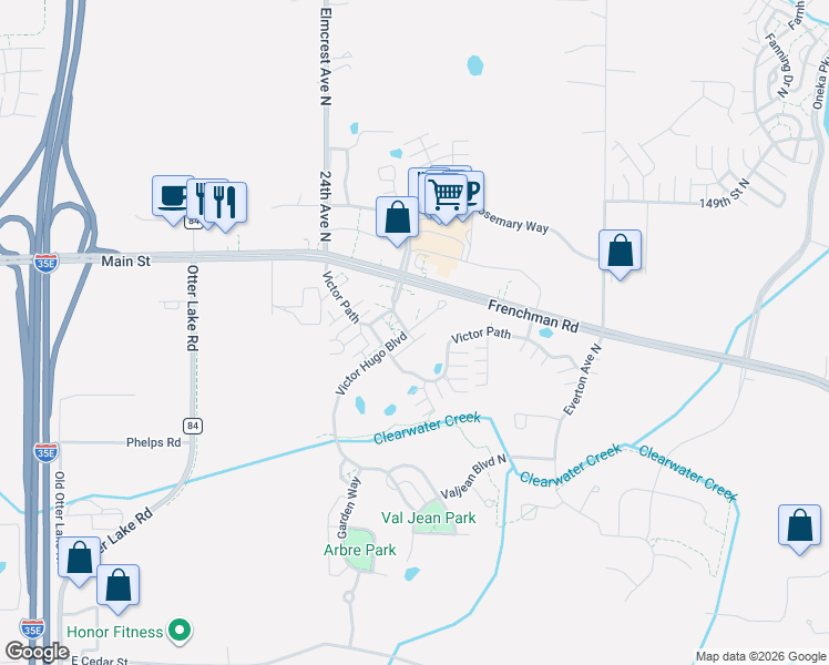 map of restaurants, bars, coffee shops, grocery stores, and more near 14623 Victor Hugo Boulevard in Hugo