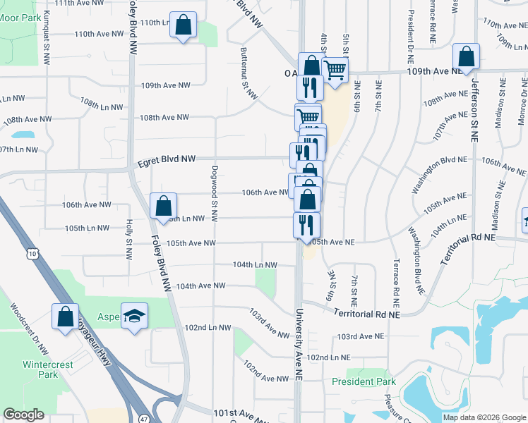 map of restaurants, bars, coffee shops, grocery stores, and more near 57 105th Lane Northwest in Minneapolis