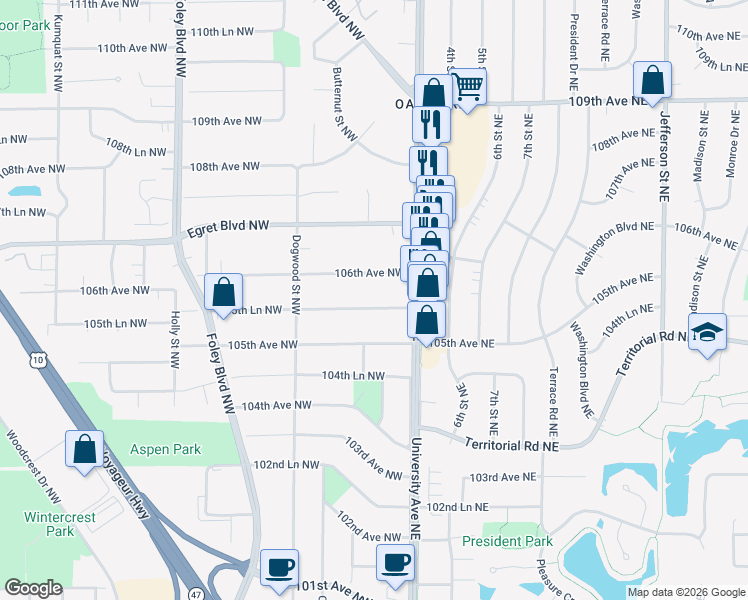 map of restaurants, bars, coffee shops, grocery stores, and more near 57 105th Lane Northwest in Minneapolis