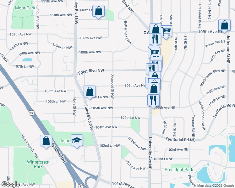 map of restaurants, bars, coffee shops, grocery stores, and more near 155 105th Lane Northwest in Minneapolis