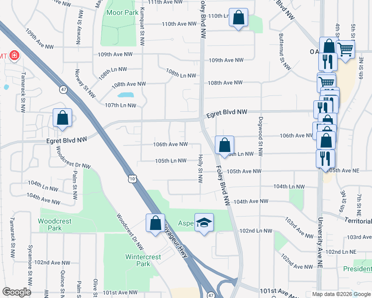 map of restaurants, bars, coffee shops, grocery stores, and more near 416 106th Avenue Northwest in Minneapolis