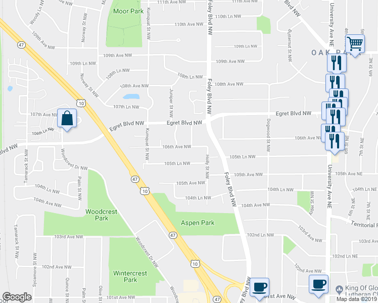 map of restaurants, bars, coffee shops, grocery stores, and more near 448 106th Avenue Northwest in Minneapolis