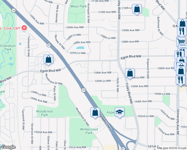 map of restaurants, bars, coffee shops, grocery stores, and more near 524 106th Avenue Northwest in Minneapolis