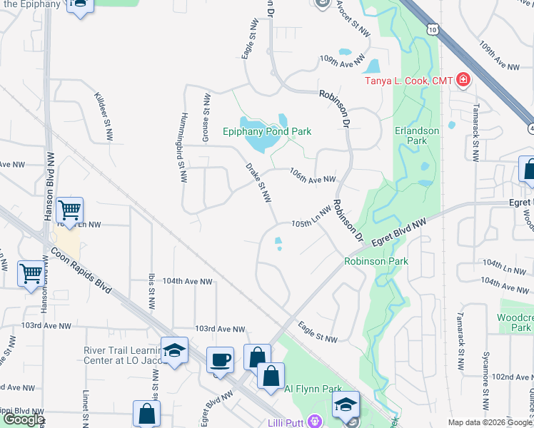 map of restaurants, bars, coffee shops, grocery stores, and more near 10542 Drake Street Northwest in Coon Rapids